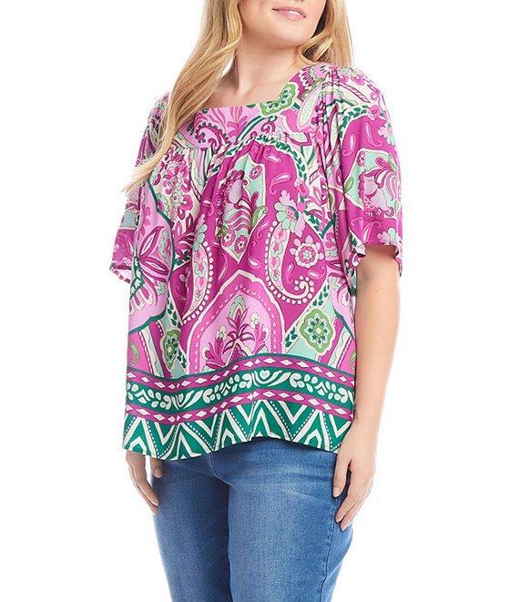 Karen Kane Plus Size Printed Square Neck Short Flare Sleeve Top Product Image