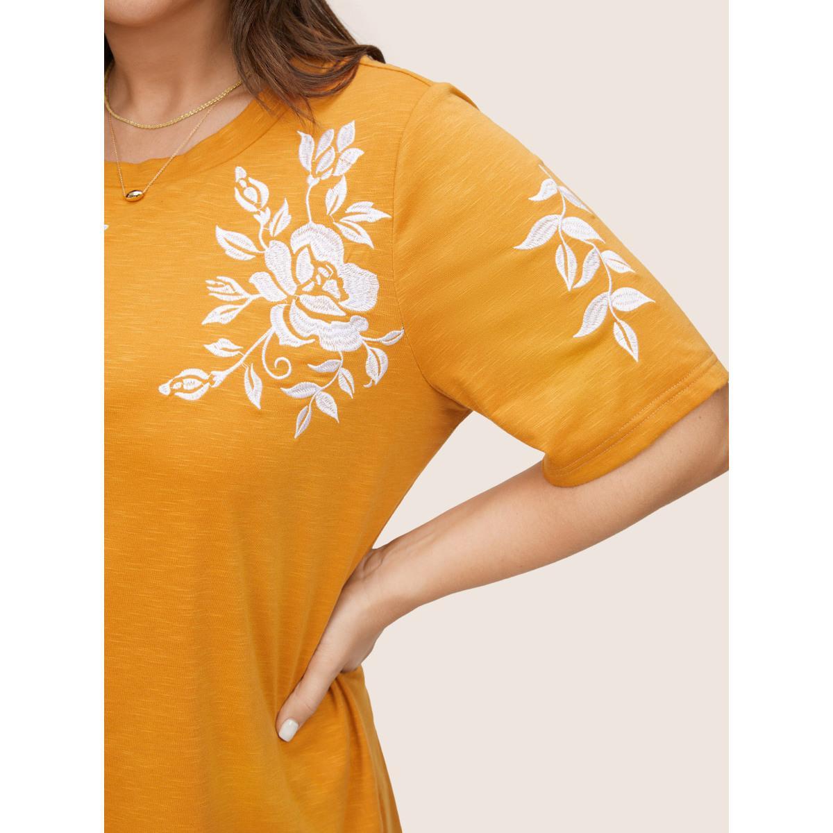Plus Size Floral Embroidered Contrast Round Neck T-shirt Yellow Women Resort Contrast Floral Round Neck Vacation T-shirts BloomChic 30/6X Product Image