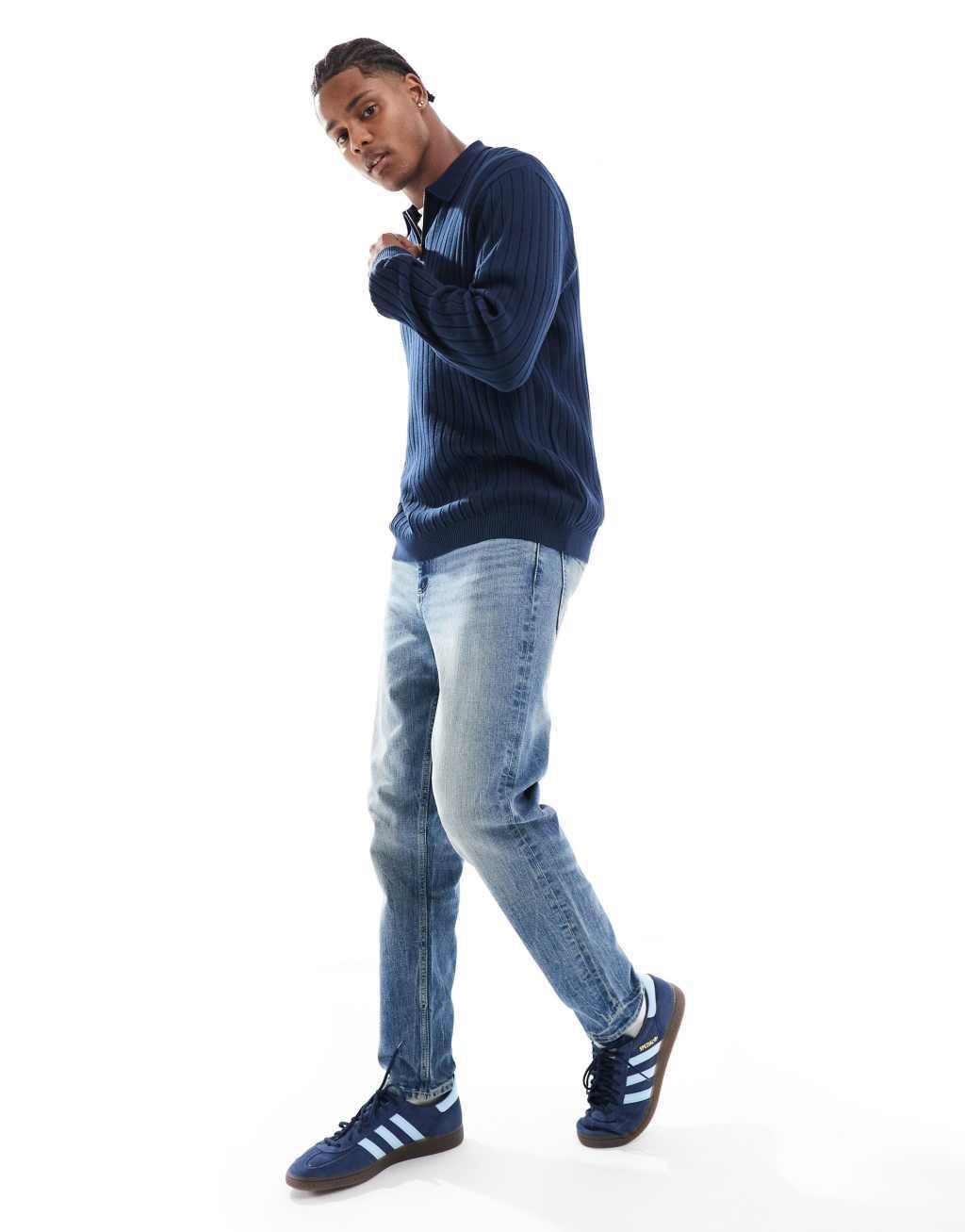 ASOS DESIGN essential muscle fit knitted rib quarter zip polo sweater in navy Product Image