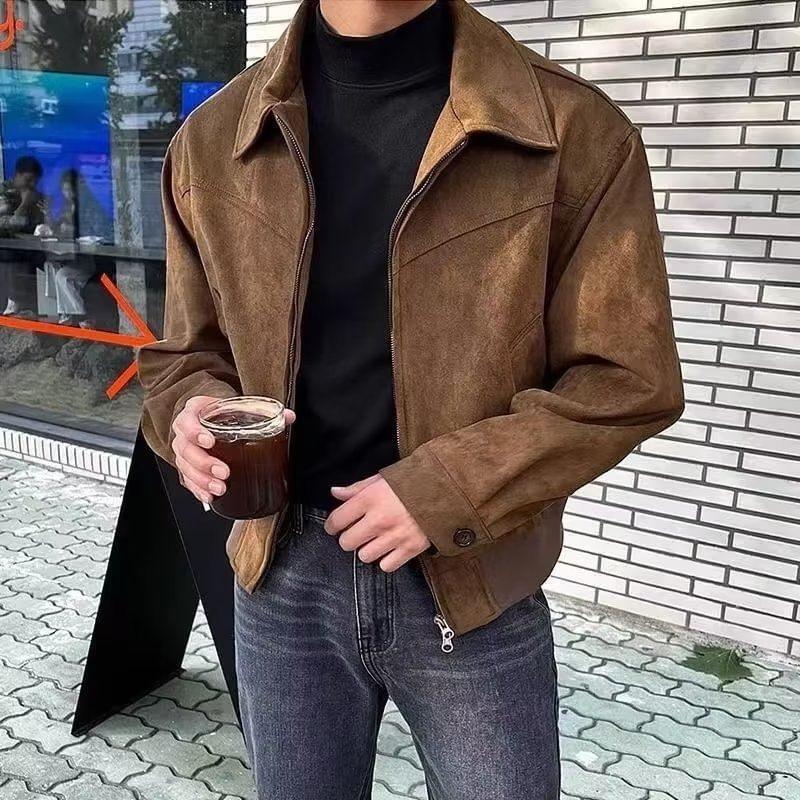 Collared Plain Zip-Up Faux Suede Jacket Product Image