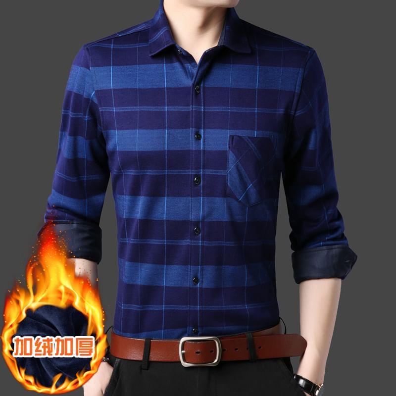 Long Sleeve Collared Plaid Fleece Lined Button Shirt Product Image