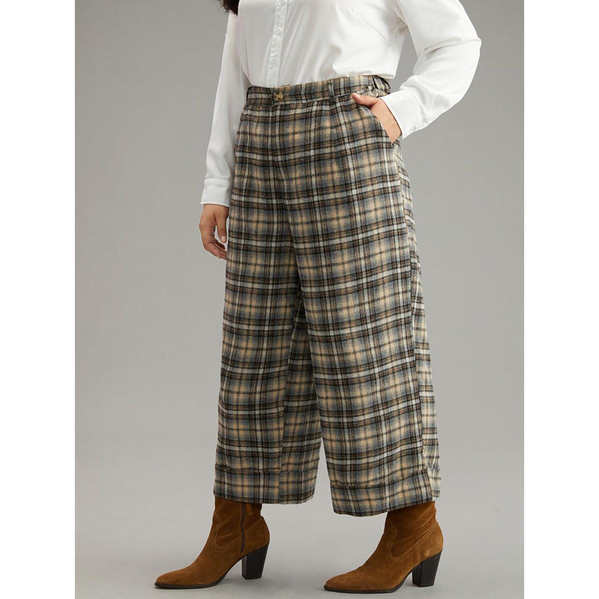 Plus Size Plaid Button Detail Straight Leg Pants Women LightBrown Office Straight Leg High Rise Work Pants BloomChic 26/4X Product Image