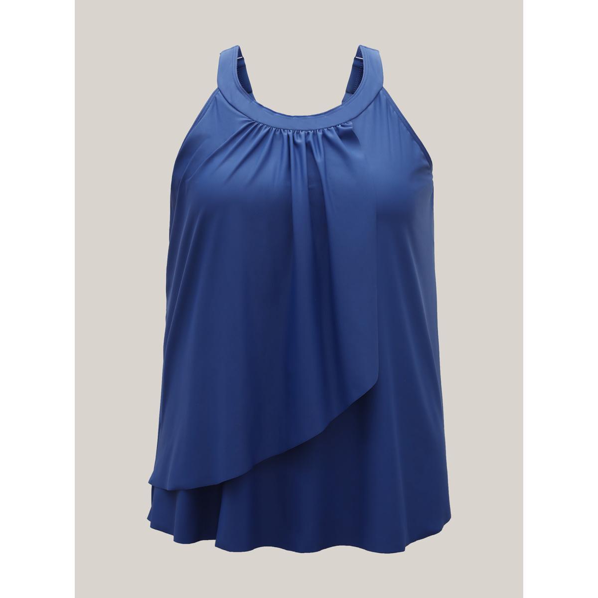 Plus Size Pleated Adjustable Straps Relaxed Swim Top Women's Swimwear Indigo Beach High stretch Bodycon Round Neck Curve Swim Tops BloomChic 28/5X Product Image