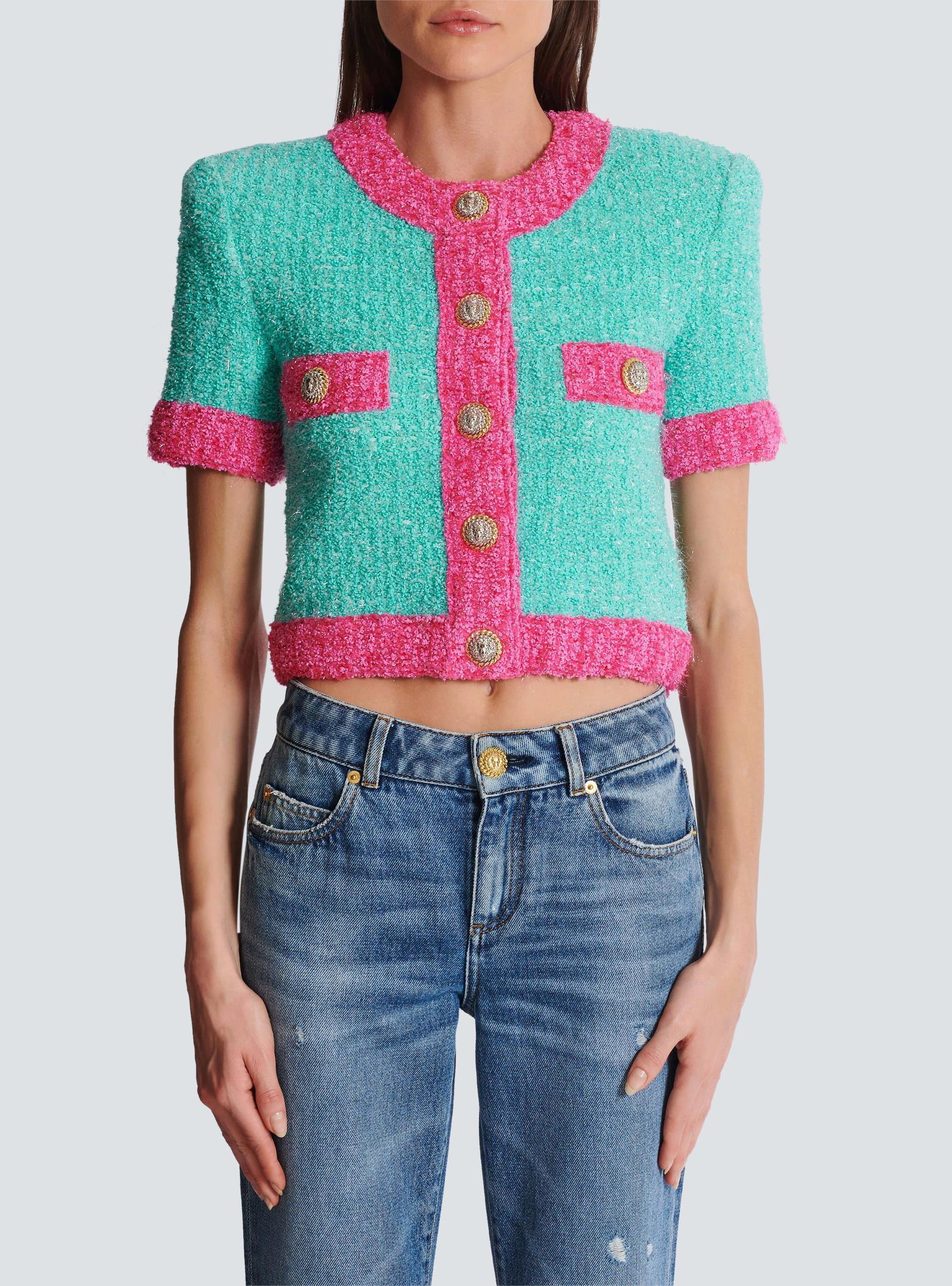 Two-tone cropped knit cardigan Product Image
