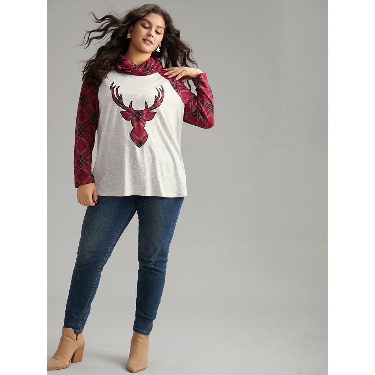 Plus Size Elk Plaid Patchwork Cowl Neck T-shirt LightGray Women Casual Contrast Christmas Cowl Neck Festival-Christmas T-shirts BloomChic 26/4X Product Image