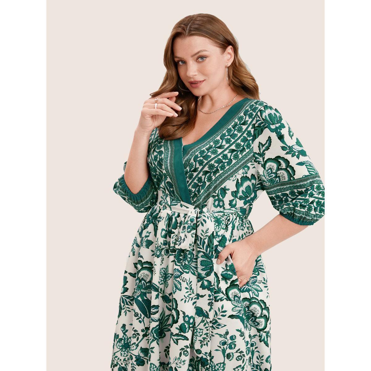 Plus Size Bandana Print Surplice Neck Lantern Sleeve Pocket Belted Midi Dress Green Women Resort Non V-neck Half Sleeve Curvy Midi Dress BloomChic 10/M Product Image