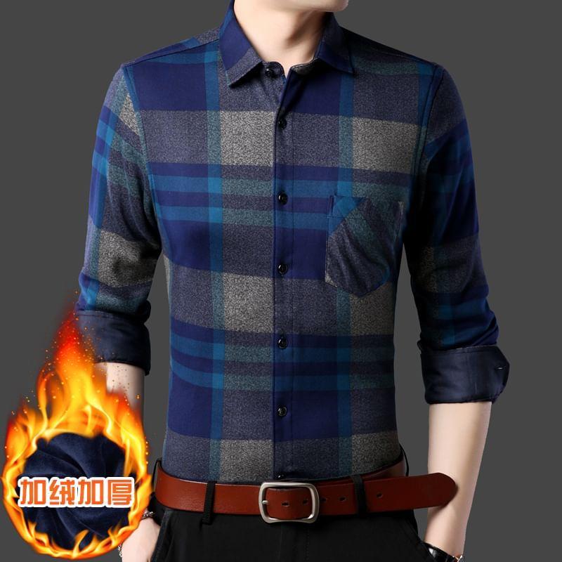 Long Sleeve Collared Plaid Fleece Lined Button Shirt Product Image