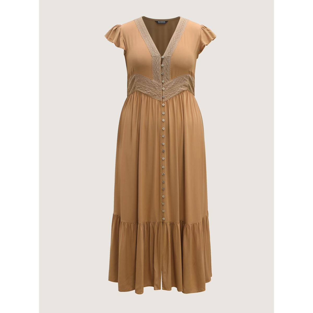 Plus Size Rayon Lace Trim Button Placket Flutter Maxi Dress Yellowishbrown Women V-neck Long Sleeve Curvy BloomChic 30/6X Product Image