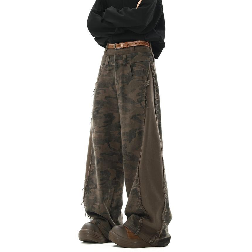 High Waist Camouflage Print Wide Leg Cargo Pants Product Image