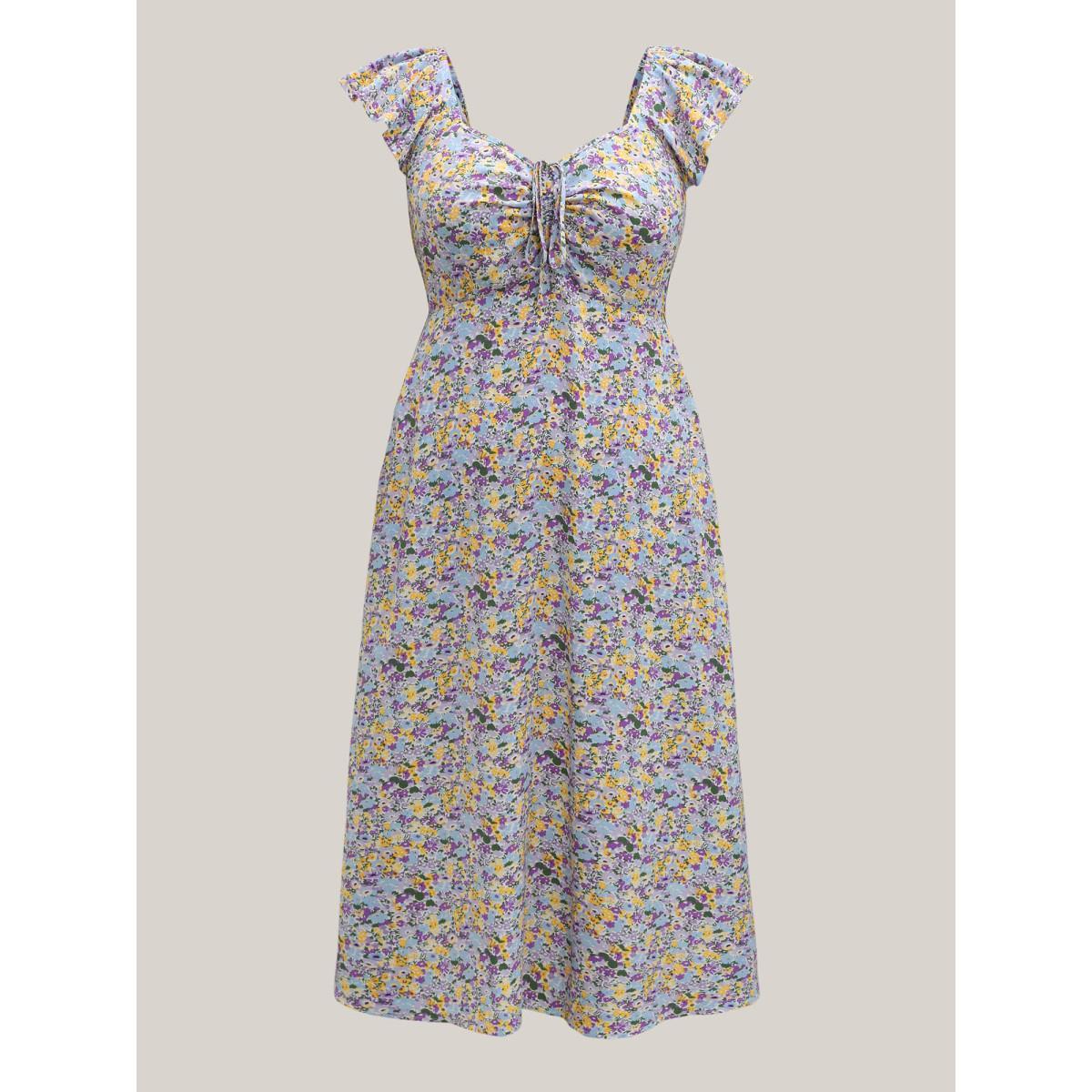 Plus Size Ditsy Floral Print Neck Tie Midi Dress Lilac Women Heart neckline Cap Sleeve Curvy BloomChic 10/M Product Image