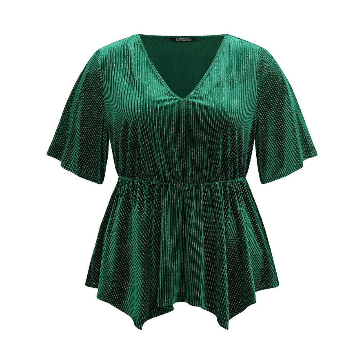 Plus Size DarkGreen Velvet Elastic Waist Ruffle Sleeve Hanky Hem Blouse Women Glamour Short sleeve V-neck Festival-Christmas Blouses BloomChic 14-16/1X Product Image