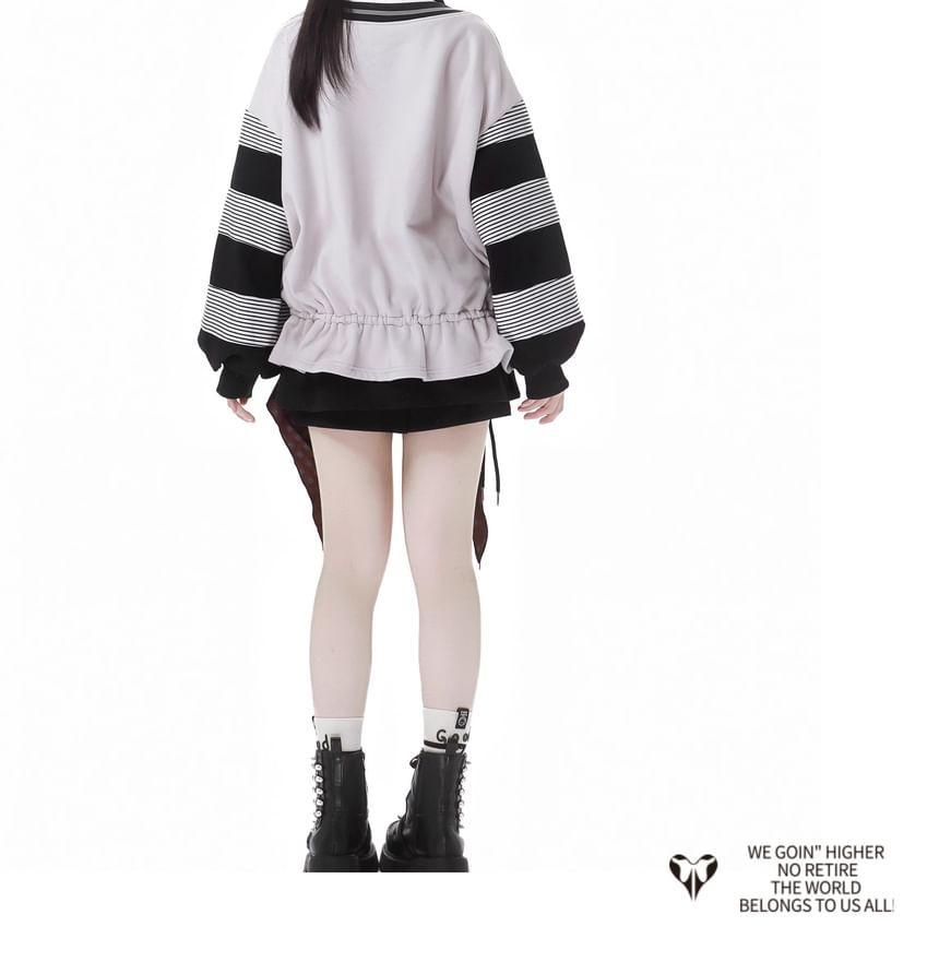 Long Sleeve Striped Applique Hood Asymmetrical Top with Necktie Product Image
