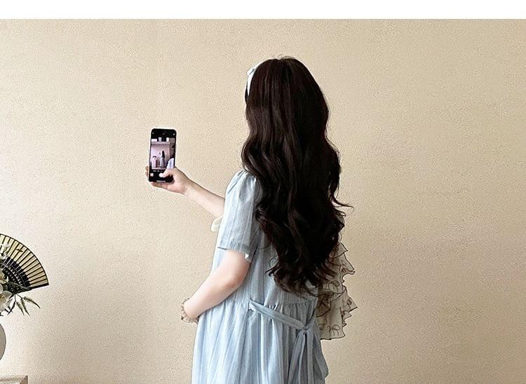 Maternity Short-Sleeve V-Neck Striped Button Down Maxi A-Line Dress Product Image