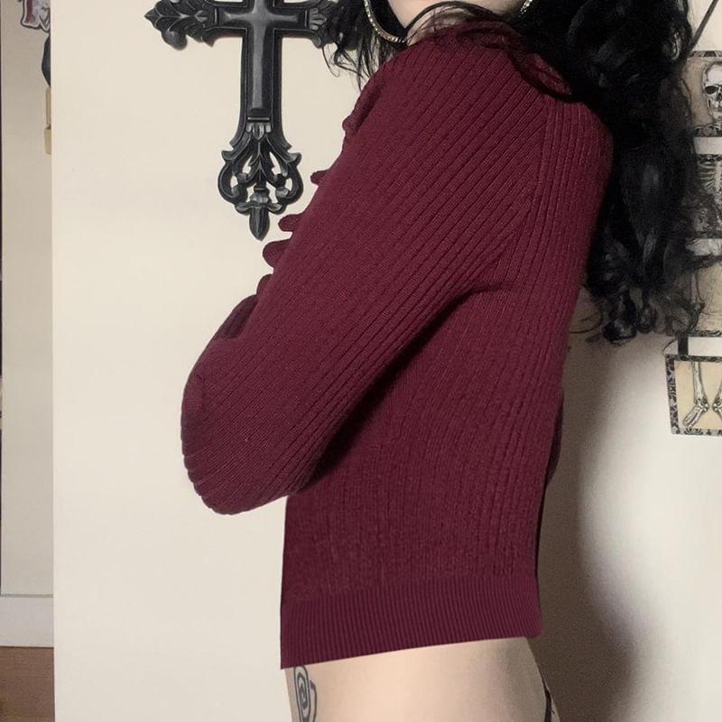Scoop Neck Plain Ruffle Trim Button Up Cropped Cardigan Product Image