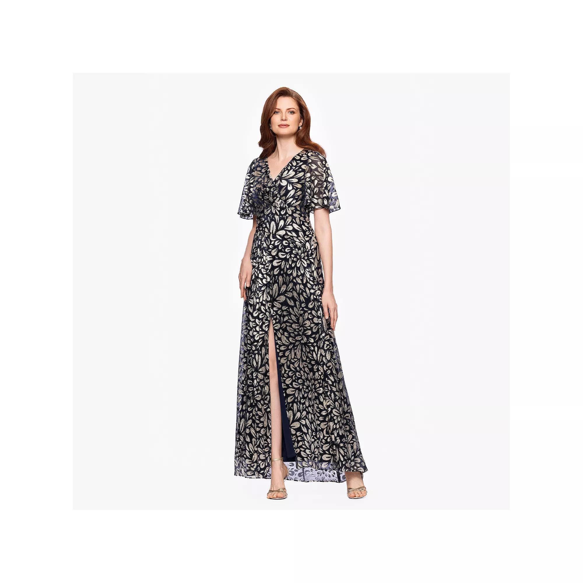 Women's BA Nites Long Foil Flutter Sleeve Dress, Size: 12, Navy Gold Leaf Product Image