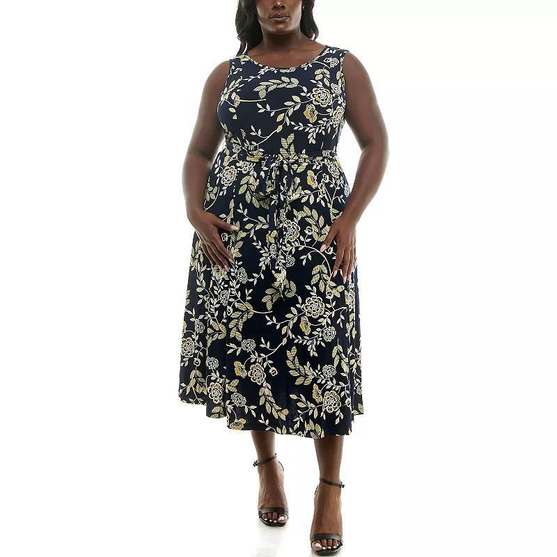 Women's Nina Leonard Sylvia Puff Print Midi Dress, Size: 1XL, Navy Yellow Team Product Image