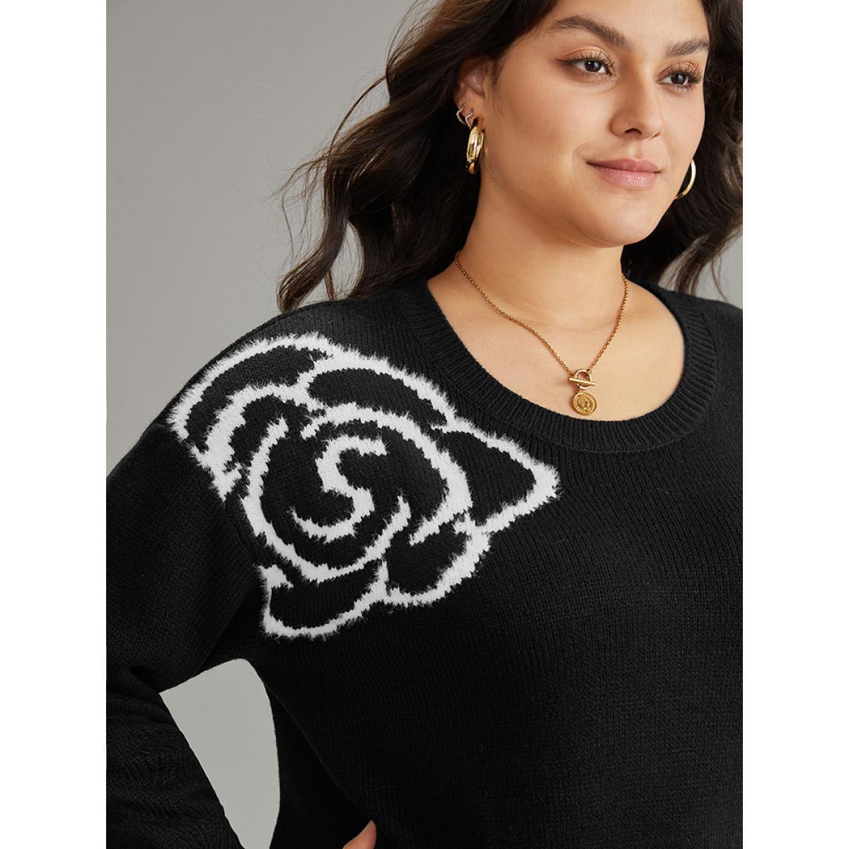 Plus Size Floral Print Two Tone Drop Shoulder Pullover Black Women Casual Loose Long Sleeve Round Neck Dailywear Pullovers BloomChic 28/5X Product Image