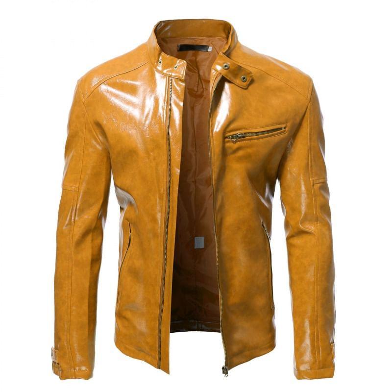 Plain Faux Leather Zip Faux Leather Jacket Product Image