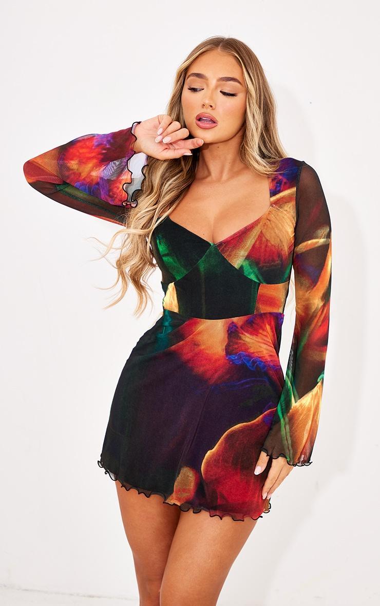 Multi Abstract Print Mesh Underbust Detail Shift Dress Product Image