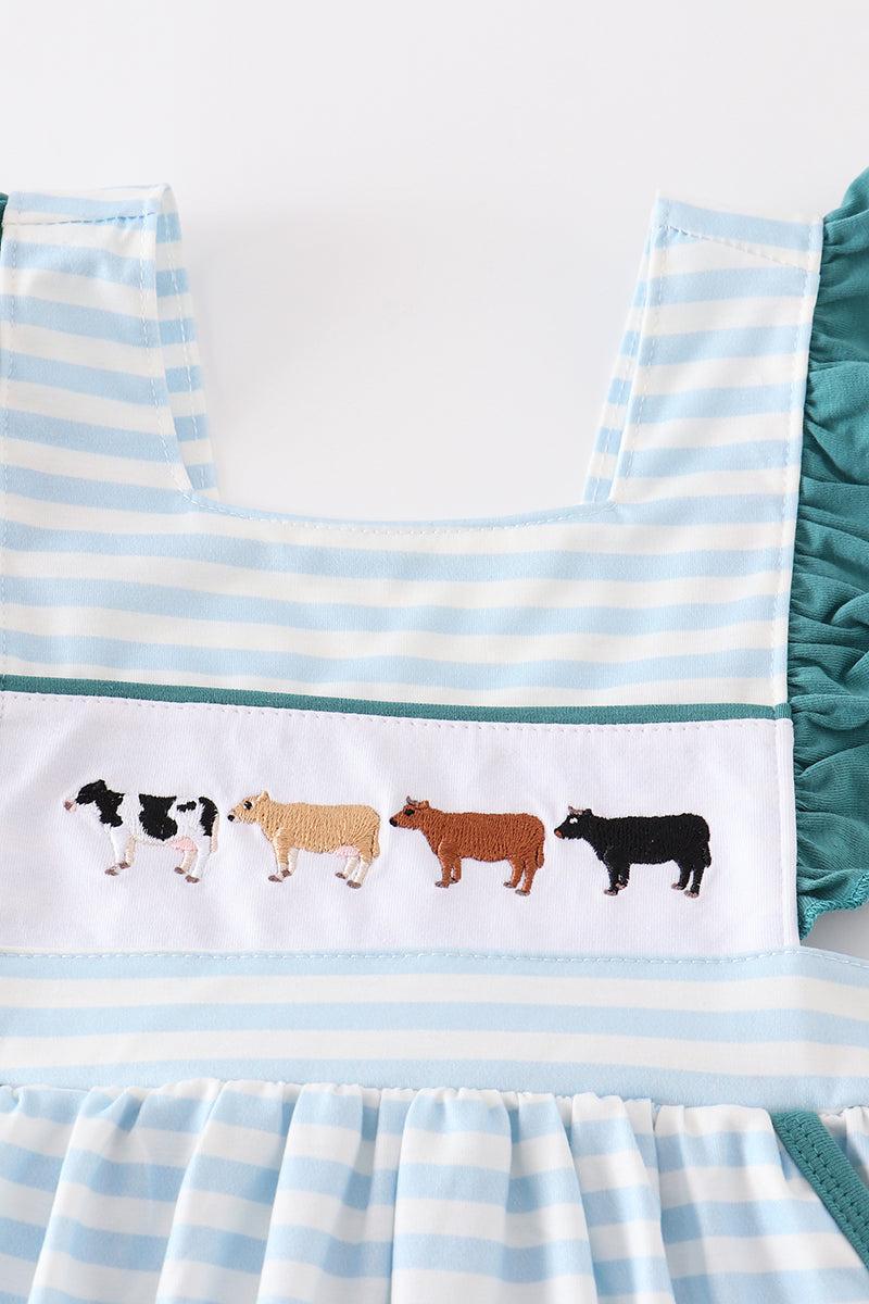 Blue stripe cow embroidery dress Product Image