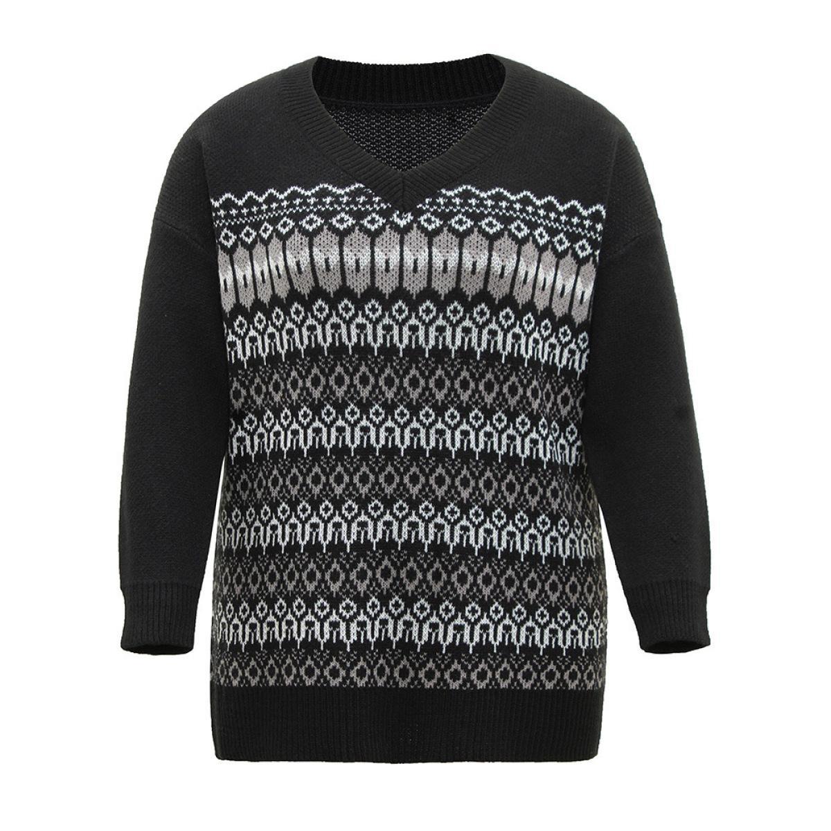 Plus Size Loose V Neck Geometric Print Jacquard Pullover Black Women Casual Loose Long Sleeve V-neck Dailywear Pullovers BloomChic 30/6X Product Image