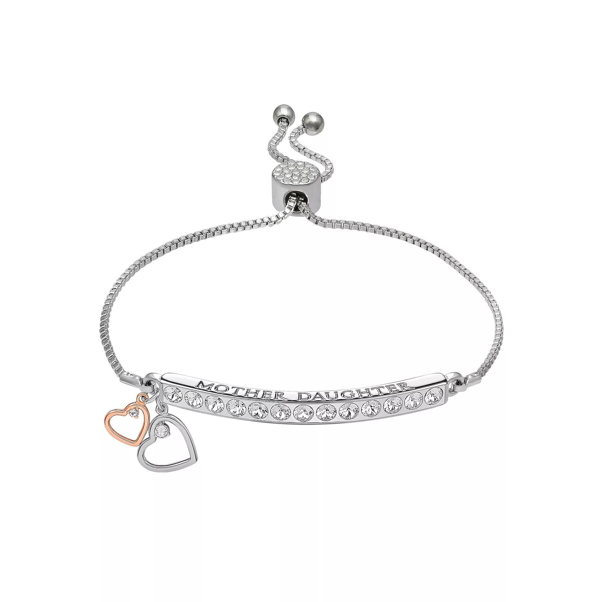 Brilliance Silver Plated "Mother Daughter" Double Heart Charm Bracelet, Women's, Size: 7/8", Two Tone Product Image