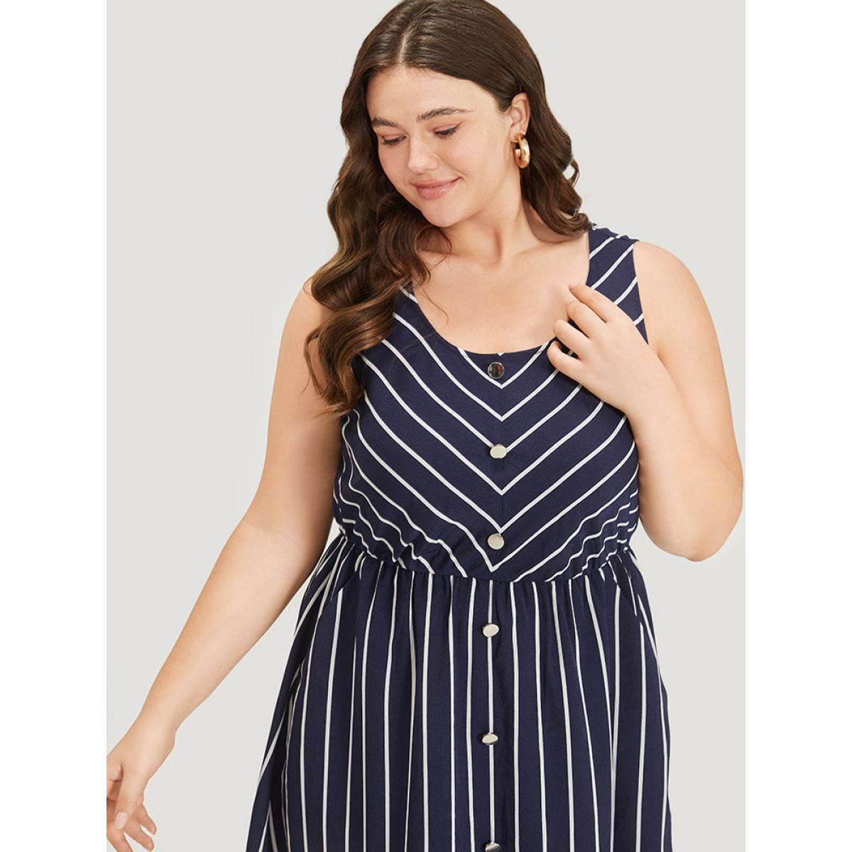 Plus Size Striped Button Detail Elastic Waist Pocket Tank Dress DarkBlue Women Elegant Elastic Waist Scoop Neck Sleeveless Curvy Midi Dress BloomChic 22-24/3X Product Image