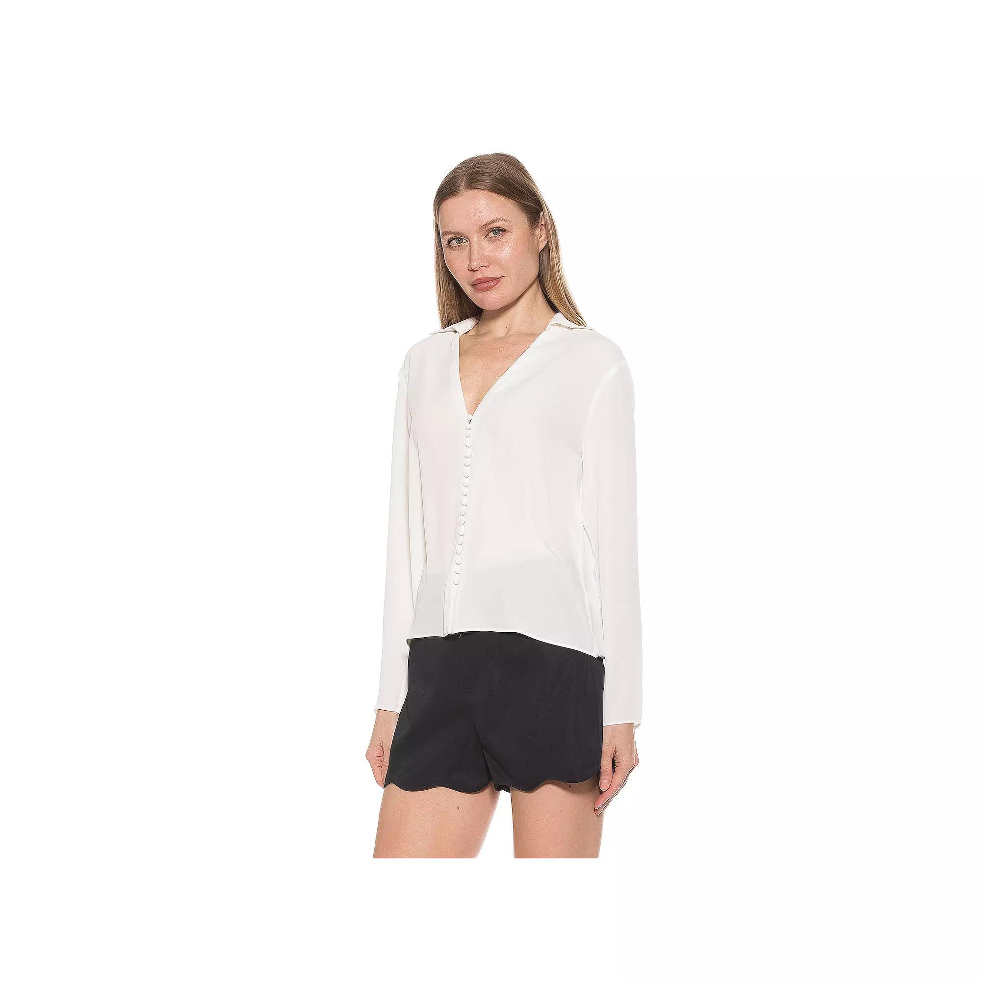 Women's ALEXIA ADMOR Lori Long Sleeve V-Neck Shirt, Size: Large, Ivory Product Image