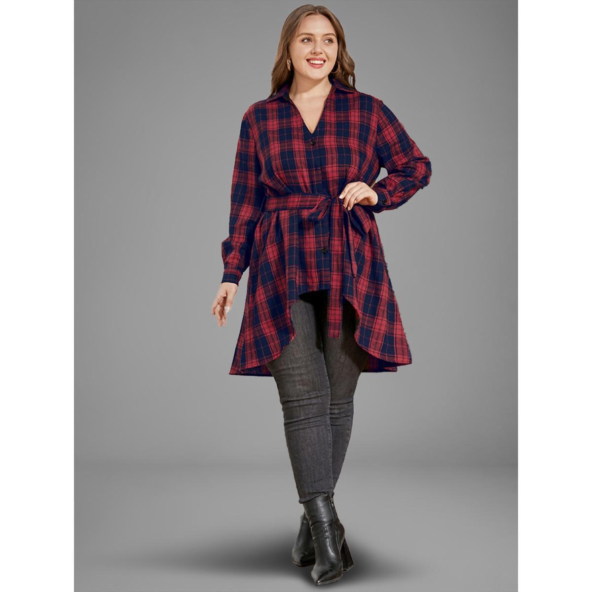 Plus Size Red Plaid Button Up Asymmetrical Hem Belted Blouse Women Elegant Long Sleeve V-neck Dailywear Blouses BloomChic 12/L Product Image