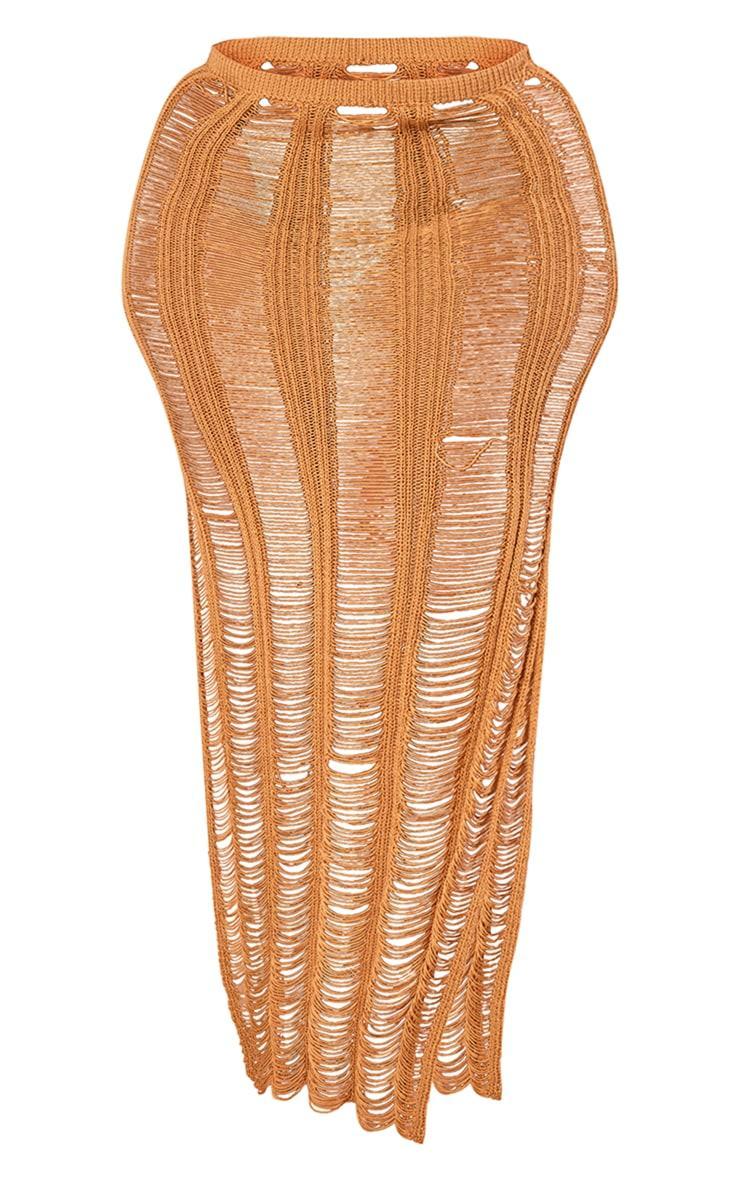 Plus Tan Distressed Knitted Midaxi Skirt Product Image