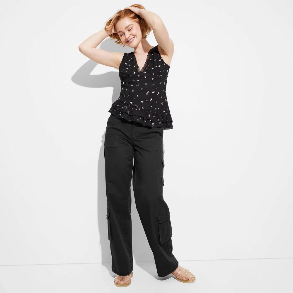 Women's Mid-Rise Straight Leg Cargo Pants - Wild Fable™ Black 1X: Elastic Waist, Pockets Product Image