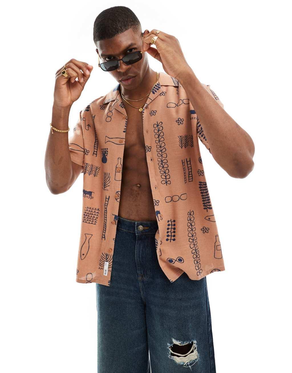 Only & Sons revere collar fit shirt with doodle print in washed orange Product Image
