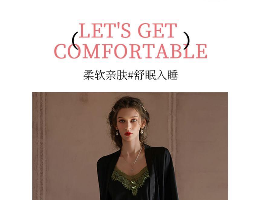 Set: V-Neck Bow Padded Panel Lace Camisole Top + Shorts + Robe Product Image