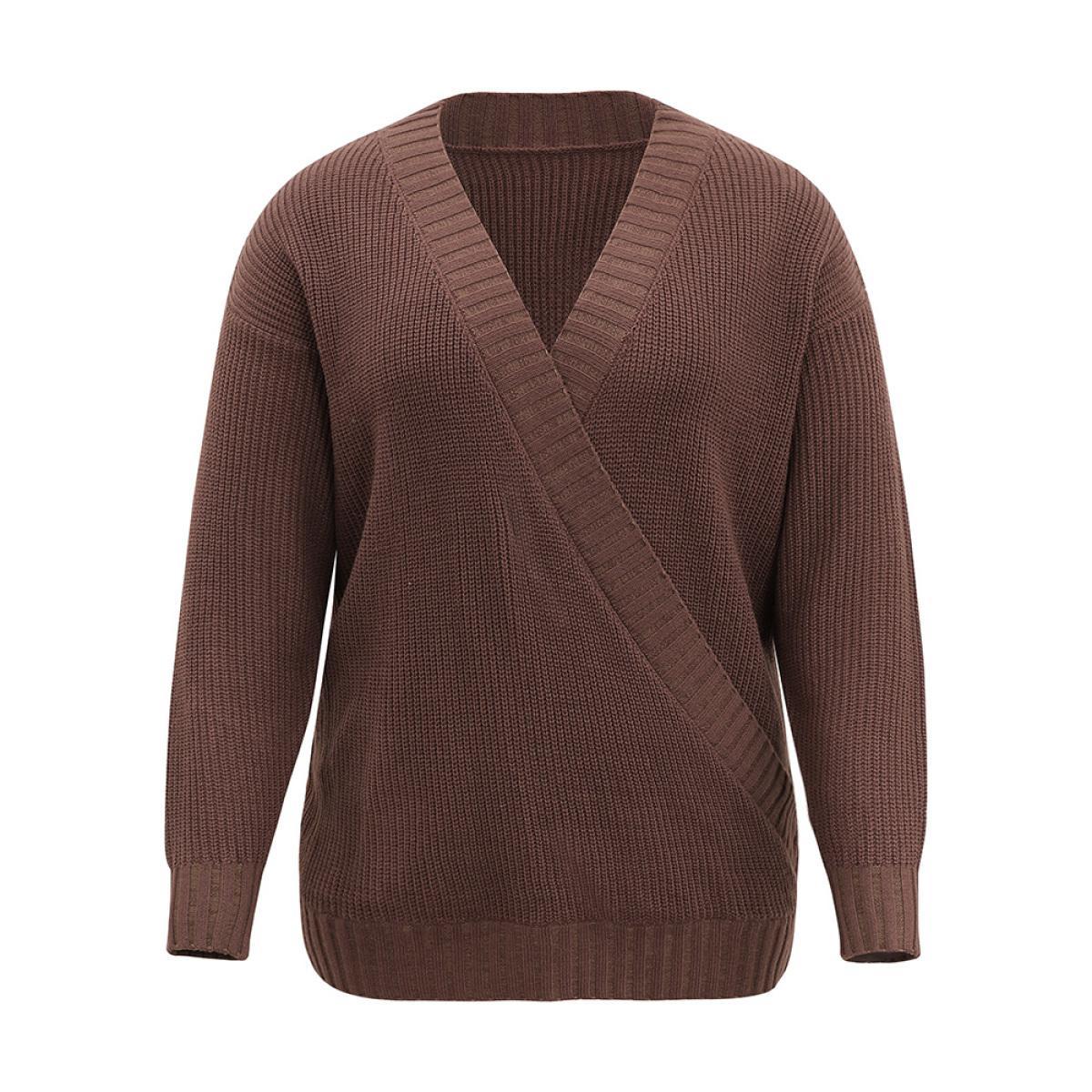 Plus Size Solid Surplice Neck Elastic Cuffs Pullover DarkBrown Women Casual Loose Long Sleeve V-neck Dailywear Pullovers BloomChic 30/6X Product Image