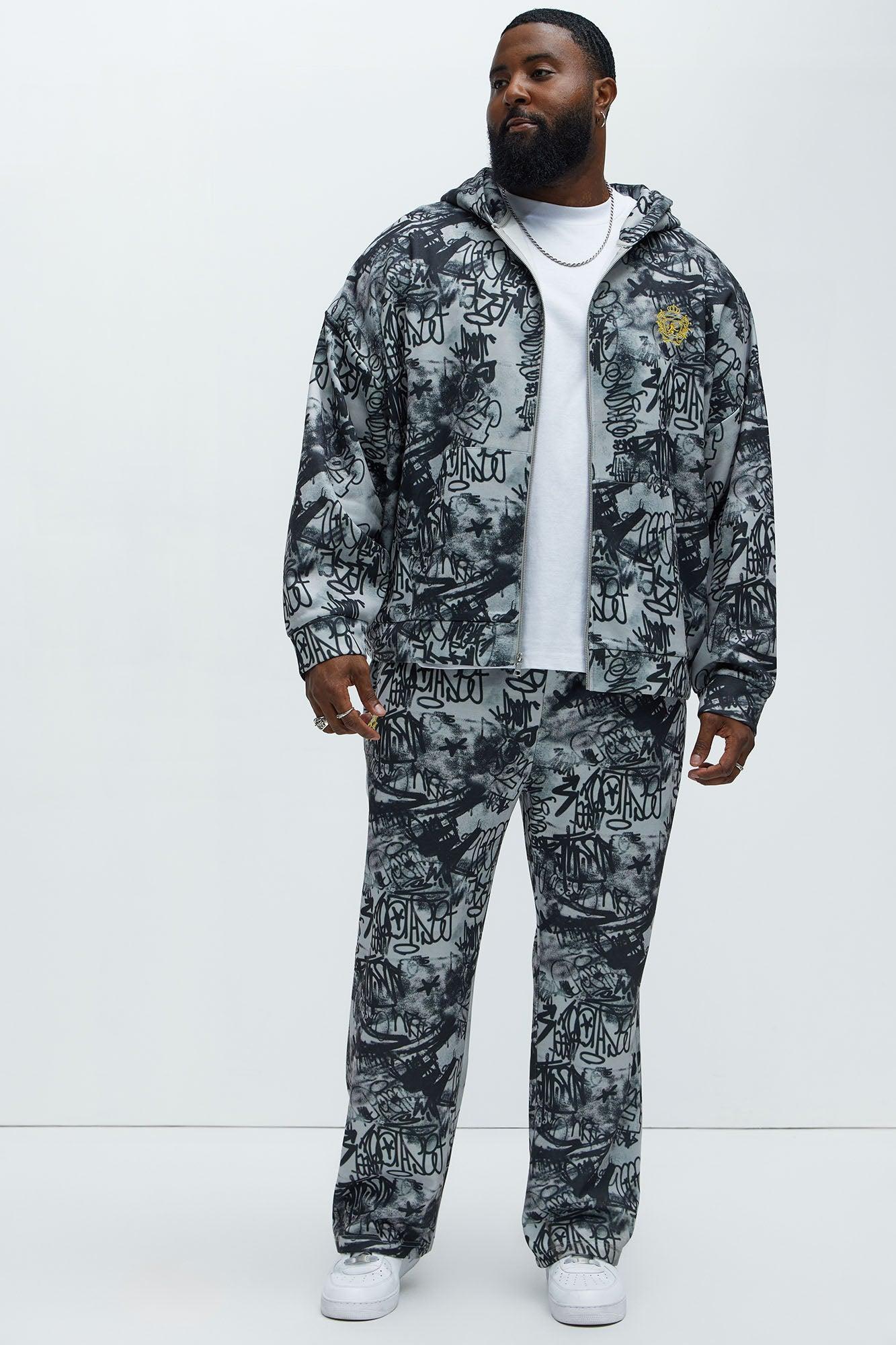 Vandal Oversized Graffiti Zip Up Hoodie - Grey Product Image
