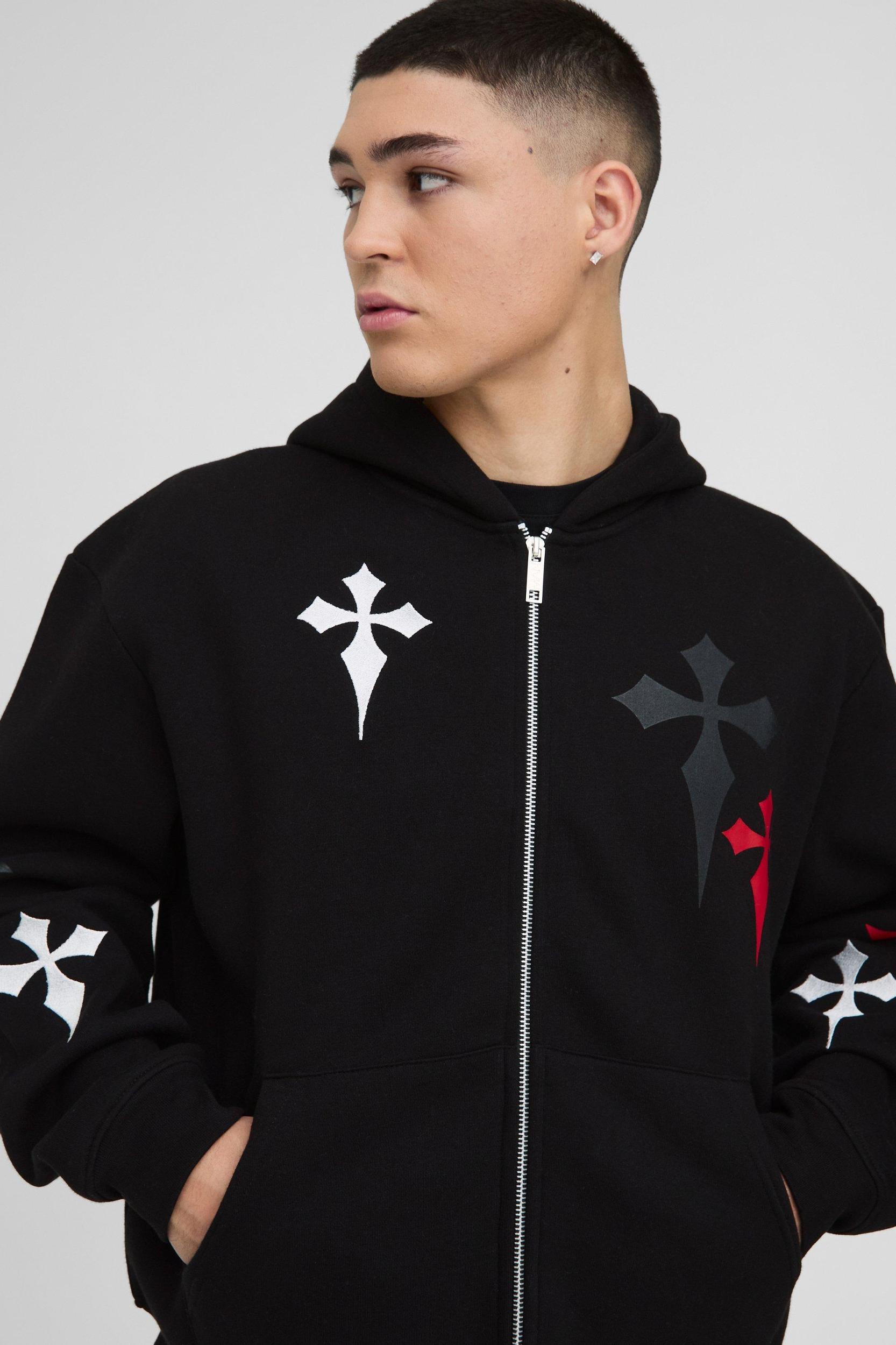 Oversized Boxy Cross Embroidered Printed Zip Through Hooded Tracksuit | boohooMAN USA Product Image