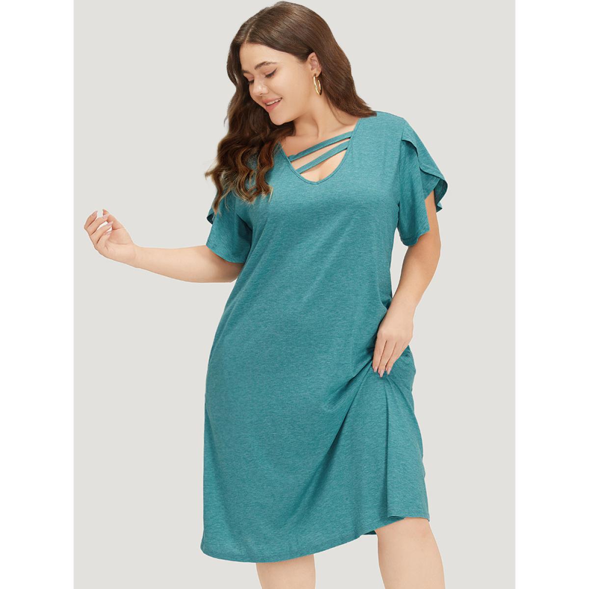 Plus Size Supersoft Essentials Solid Pocket Keyhole Petal Sleeve Dress Cerulean Women Casual Plain V-neck Short sleeve Curvy Midi Dress BloomChic 10/M Product Image