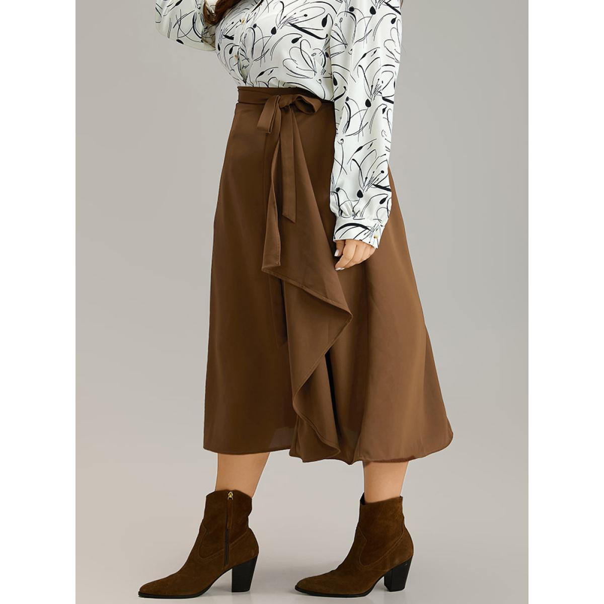 Plus Size Anti-Wrinkle Solid Asymmetrical Hem Ties Skirt Women Tan Office Cross straps Loose No stretch Belt Work Skirts BloomChic 18-20/2X Product Image