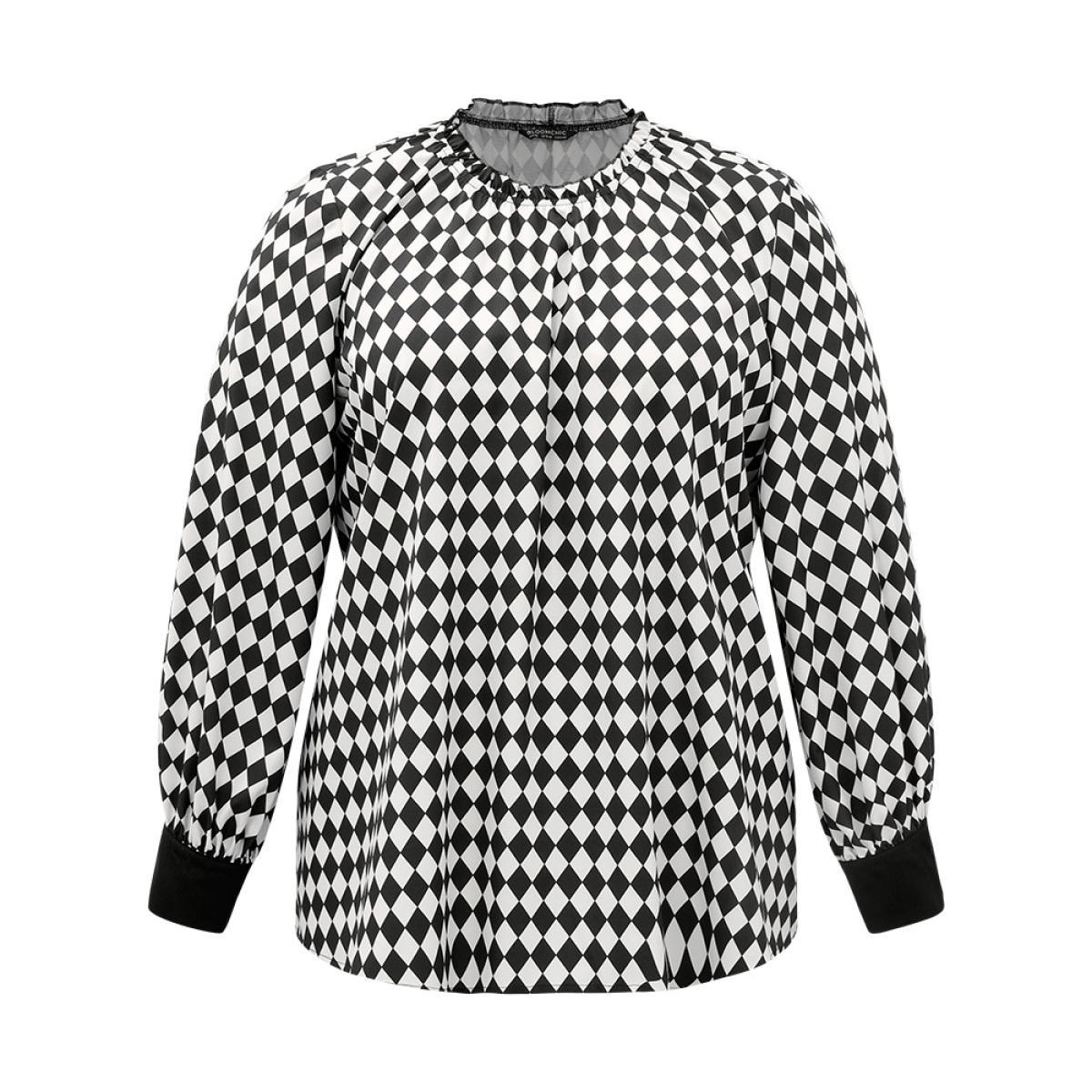 Plus Size Black Halloween Check Frill Trim Gathered Patchwork Blouse Women Elegant Long Sleeve Round Neck Dailywear Blouses BloomChic 12/L Product Image