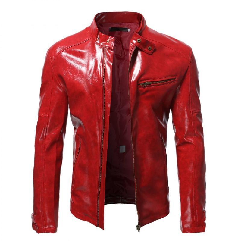 Plain Faux Leather Zip Faux Leather Jacket Product Image