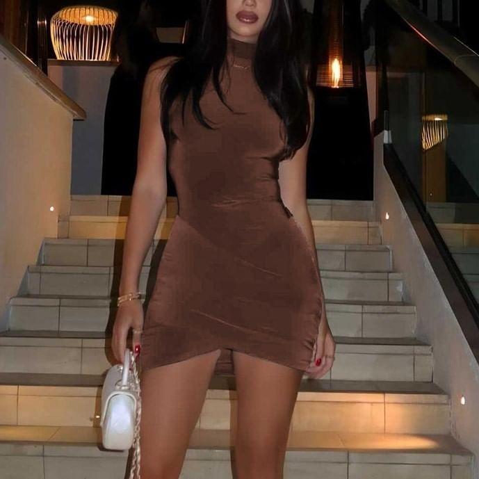 Sleeveless Mock Neck Plain Ruched Mini Sheath Dress Product Image
