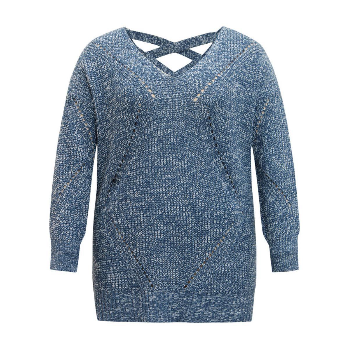 Plus Size Heather Elastic Cuffs Cut Out Pullover Stone Women Casual Loose Long Sleeve V-neck Dailywear Pullovers BloomChic 14-16/1X Product Image