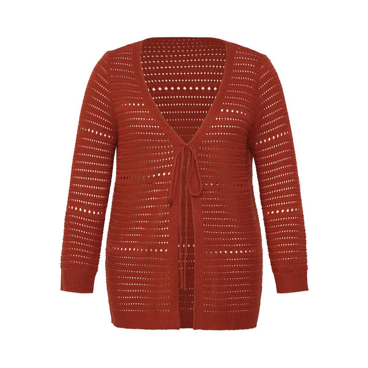 Plus Size Plain Ties Front Geometric Eyelet Cardigan Rust Women Casual Loose Long Sleeve Dailywear Cardigans BloomChic 10/M Product Image
