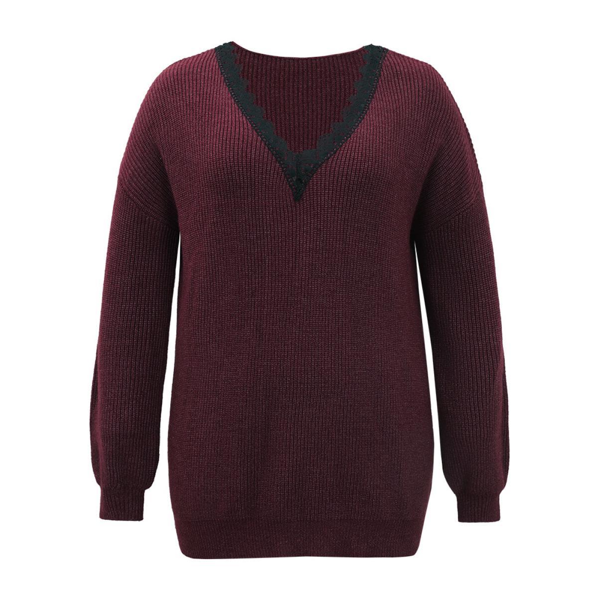 Plus Size Supersoft Essentials Lace Insert Drop Shoulder Pullover Burgundy Women Casual Loose Long Sleeve V-neck Dailywear Pullovers BloomChic 28/5X Product Image