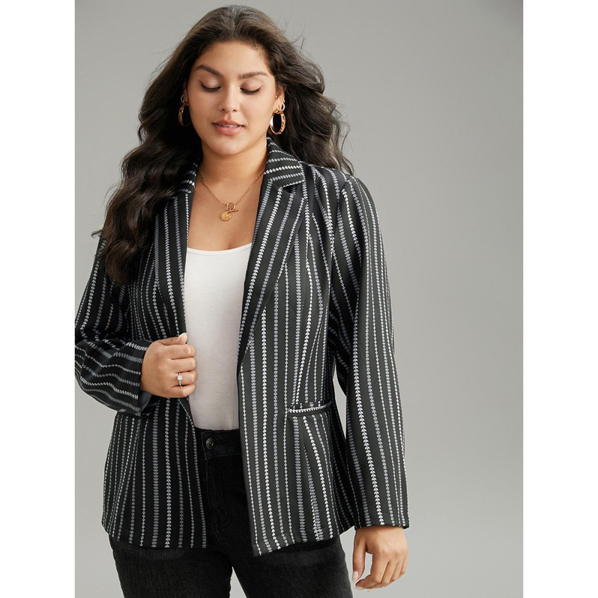 Plus Size Geometric Pocket Contrast Suit Collar Blazer Black Women Dailywear Geometric Contrast Sleeve Long Sleeve Suit Collar 28/5X Pocket Casual Blazers BloomChic Product Image