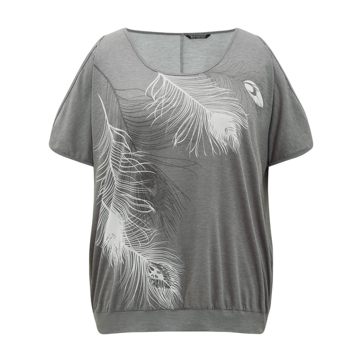 Plus Size Feather Print Cold Shoulder Crew Neck T-shirt Gray Women Elegant Printed Feather Round Neck Dailywear T-shirts BloomChic 26/4X Product Image