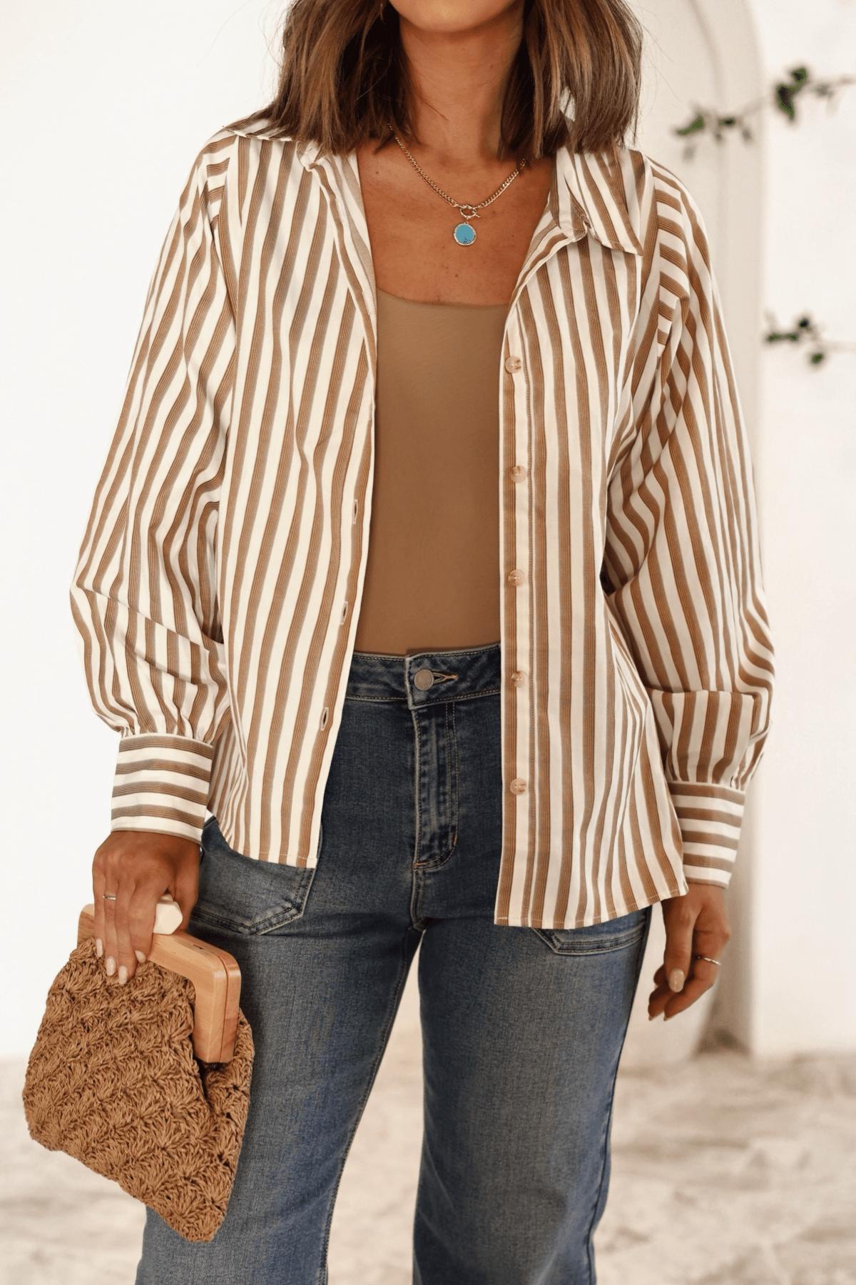 Muse By Magnolia Camel Striped Button Down Shirt - FINAL SALE Product Image