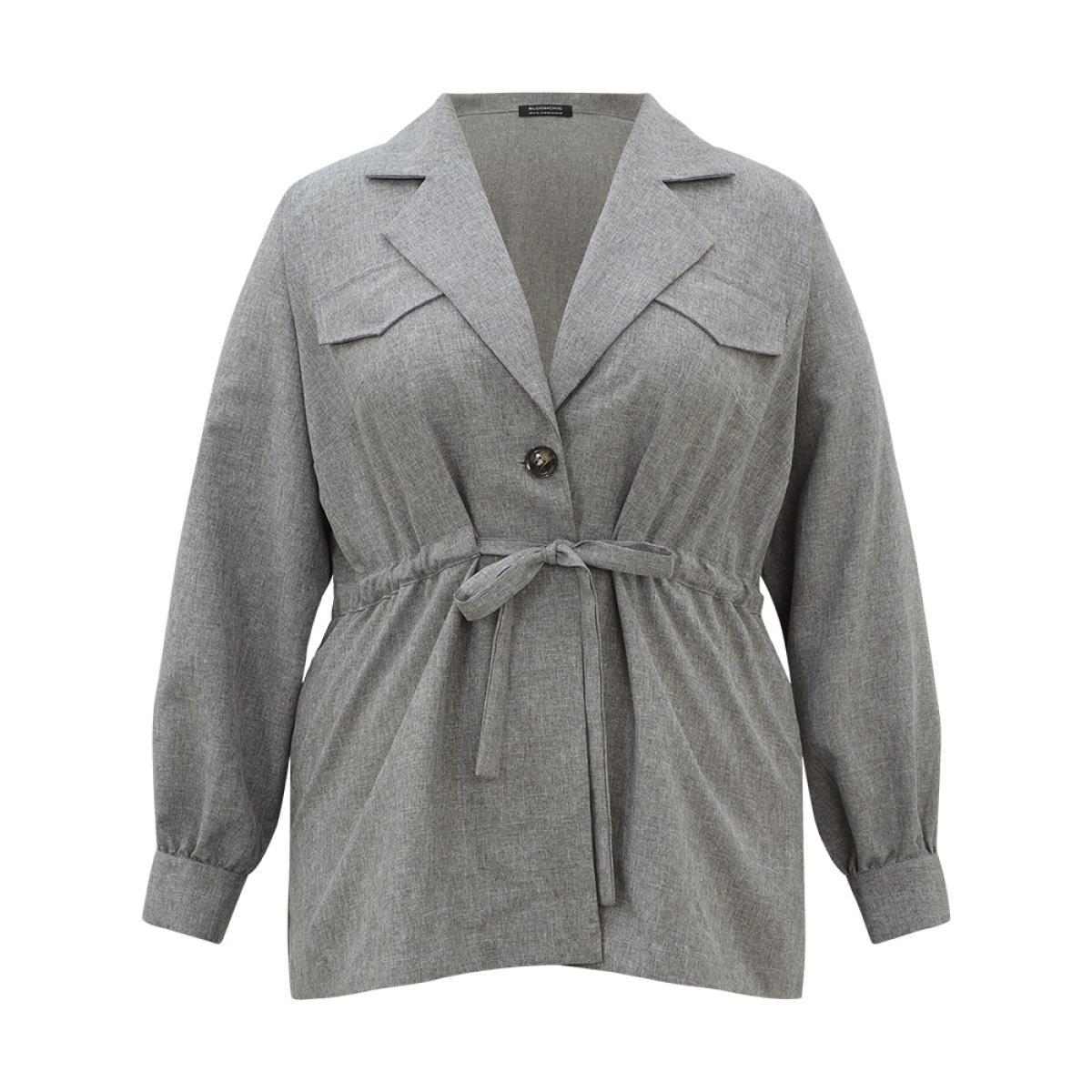 Plus Size Plain Pocket Drawstring Button Up Suit Collar Coat Women DimGray Casual Plain Ladies Dailywear Winter Coats BloomChic 12/L Product Image