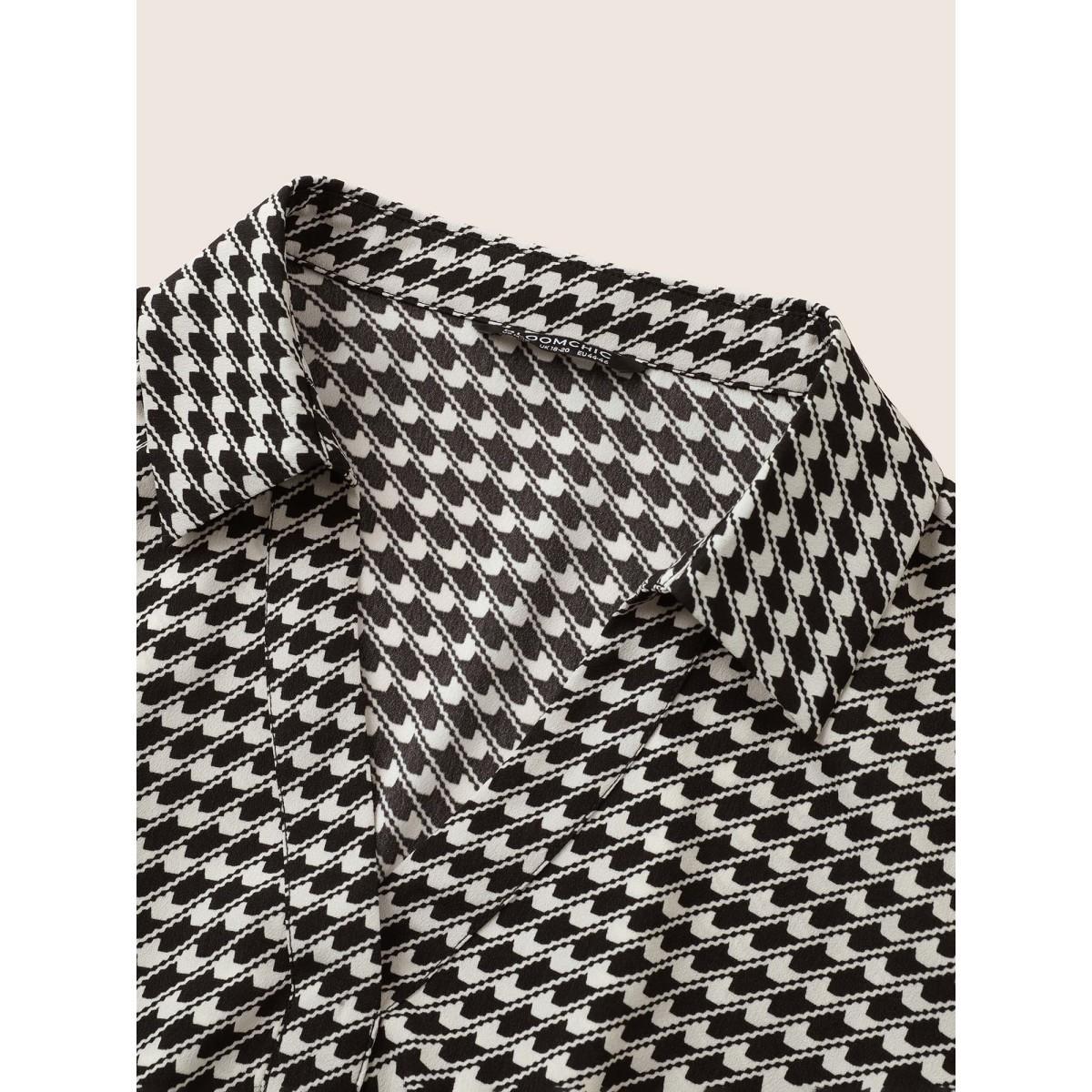 Plus Size Geometric Colorblock Lapel Collar Elastic Waist Dress Black Women At the Office Non Lapel Collar Elbow-length sleeve Curvy Midi Dress BloomChic 18-20/2X Product Image