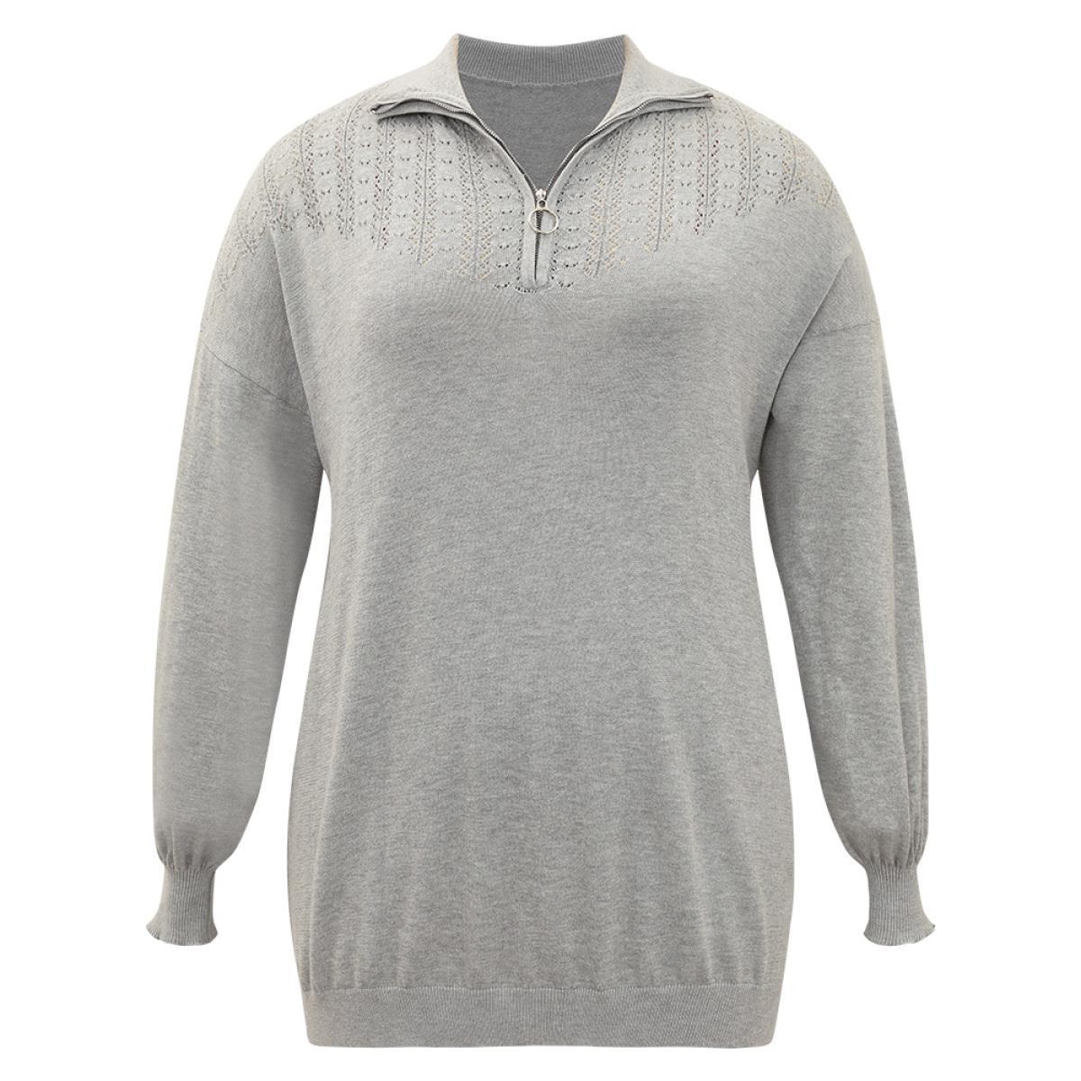 Plus Size Plain Lapel Collar Plisse Zipper Pullover LightGray Women Casual Loose Long Sleeve Lapel Collar Dailywear Pullovers BloomChic 22-24/3X Product Image